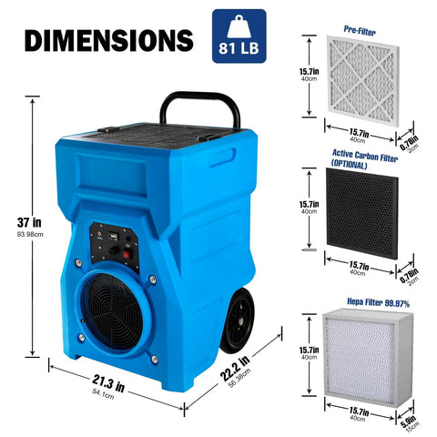 Beast Heavy Duty 1000 CFM Portable Industrial Air Purifier dimensions with filters, handle, wheels, and 1 HP motor shown