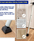 Beefy Heavy Duty Door Security Bar Adjustable For Travel Home Dorm And School Fits Hinged And Sliding Doors Made From 20 Gauge Steel For Extra Protection And Easy Tool Free Fit From 25 To 43 Inches Door Jammer shown with anti-slip base on different floors.