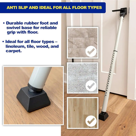 Beefy Heavy Duty Door Security Bar Adjustable For Travel Home Dorm And School Fits Hinged And Sliding Doors Made From 20 Gauge Steel For Extra Protection And Easy Tool Free Fit From 25 To 43 Inches Door Jammer shown with anti-slip base on different floors.