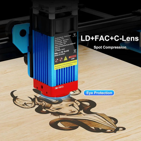 TTS-55 Pro Laser Engraver 5.5W DIY Laser Cutter With Air Assist engraving wood with an intricate design, shown close-up.