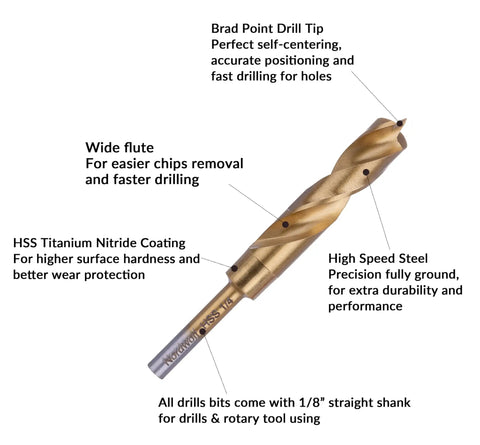 8-Piece HSS M2 Brad Point Wood Drill Bit Set With Titanium Nitride Coating 1/8 Inch Straight Shank for rotary tools diagram