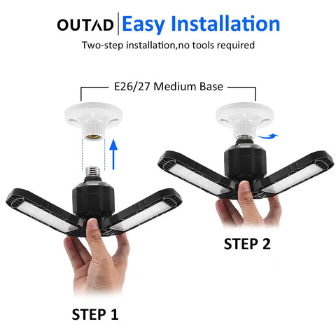 Ultra Bright LED Garage Light 45W 6500K Three Panel Fixture installation steps with porcelain lampholder, E27 compatible