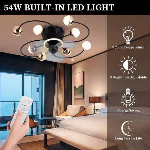 27 Inch Ceiling Fan With Light No Fuss Remote Control Dimmable LED And 3 Color Temperatures With 1 2 4 8 Hour Timers Black