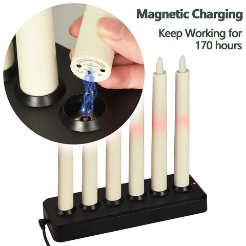 LED Taper Candles With Remote Control, Rechargeable Amber Glow, 6 Pack, charger base, Safe ABS Flame Retardant Decor