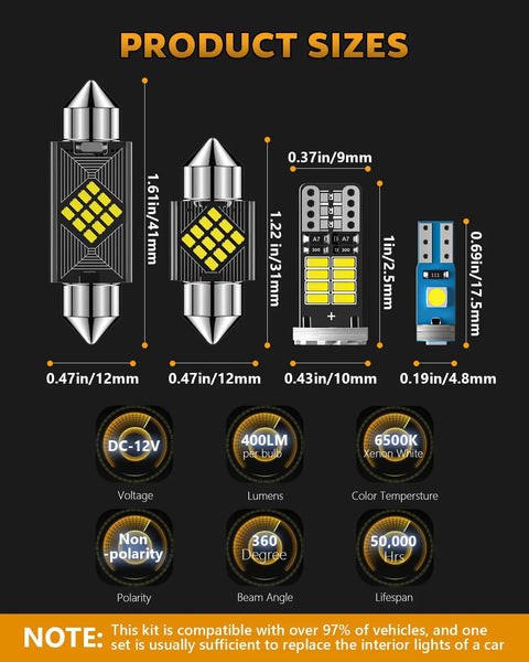 Diagram of 24 Piece LED Interior Car Light Kit With Ultra Bright 6500K White Bulbs, showing bulb sizes and specifications for T10 T5 578 DE3175 sockets.