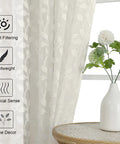 Ivory Sheer Curtains Two Panel Set For Bedroom Or Living Room, Light Filtering Soft Tufted Texture, close-up of leaf pattern.