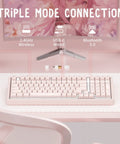 Premium Wireless Mechanical Keyboard With Hot Swap Gasket Mount, Lowkey Gorgeous Pink Shell, Effortless Bluetooth Connection, Vibrant RGB Lighting, Straight Upgrade For Modern Workspaces on a pink desk with multiple connection options.