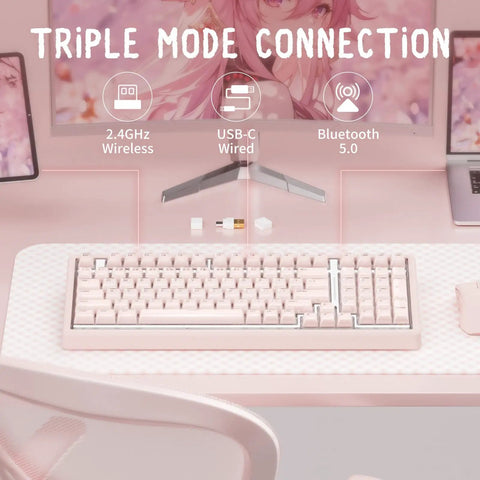 Premium Wireless Mechanical Keyboard With Hot Swap Gasket Mount, Lowkey Gorgeous Pink Shell, Effortless Bluetooth Connection, Vibrant RGB Lighting, Straight Upgrade For Modern Workspaces on a pink desk with multiple connection options.
