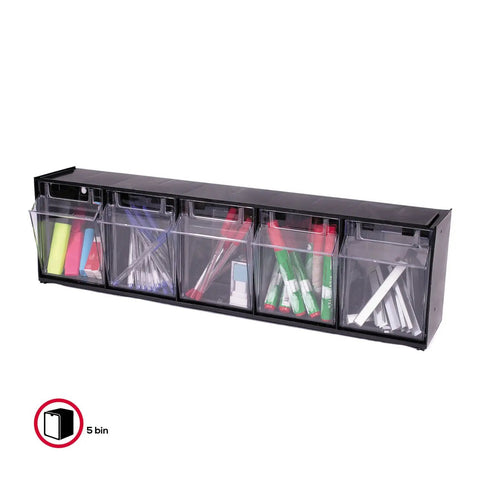 Five Bin Horizontal Tilt Bin Storage System With Interlocking Modular Design, Wall Mount Or Countertop Use, Transparent Bins, Black Finish