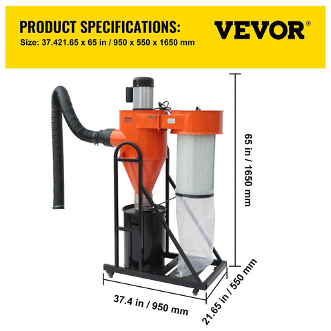 2 HP Dust Collector Beast For Your Shop With 1167 CFM Portable Vortex System, 39 Gallon Bag, Mobile Base, 120V, 3400 RPM
