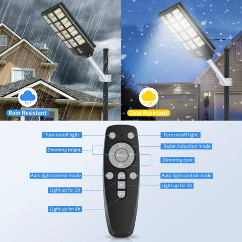 Ultra Bright 800W Solar Street Light with Motion Sensor and Remote Control, 1150 LED Solar Flood Lights at night and remote features