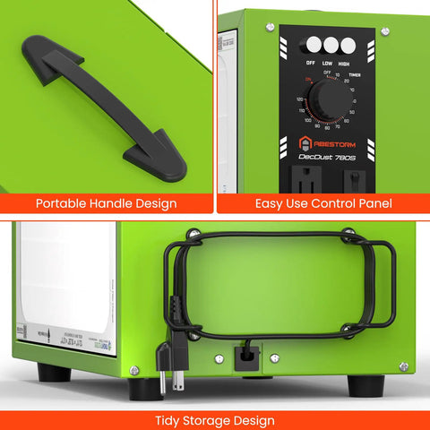 Features of Tabletop Dust Collector For Woodworking Portable Air Filtration System with control panel, handle, and cord storage.