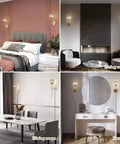 Dope Mid Century Smoke Glass Plug In Wall Lights installed in bedroom, living room, dining room, and dresser settings.