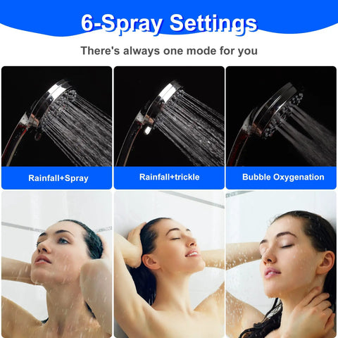 High Pressure Handheld Shower Head Kit With 7 Modes, Hardcore Flow Even On Low Water, showing rainfall and bubble oxygenation modes