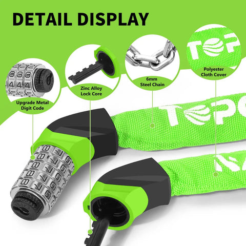 Detail display of Heavy Duty Metal Digital Dial Chain Lock For Bikes And Electric Scooters Three Point Two Foot Long With 5 Digit Keyless Combination Security Anti Theft Neon Green For Bike Electric Scooter E Bike Motorcycle, showcasing metal digit code, zinc alloy lock core, and 6mm steel chain with polyester cover.