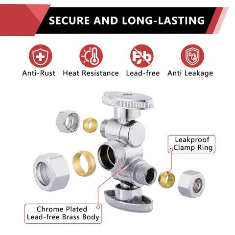 Pack Of 5 1/4 Turn Dual Compression Angle Stop Valves With Two Shutoff Handles, chrome plated lead-free brass, anti-rust features