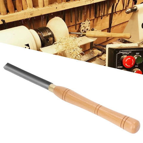 Wood lathe turning chisel with beach handle and steel blade, angled view