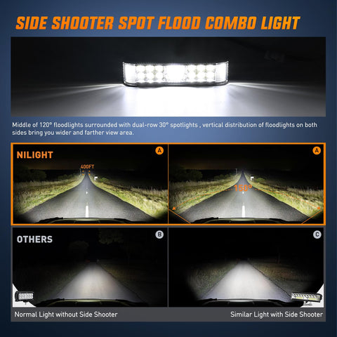 Side Shooter LED Light Bar Pair 6.5 Inch 60W Flood and Spot Beam Combo Pods illuminating wide road view at night