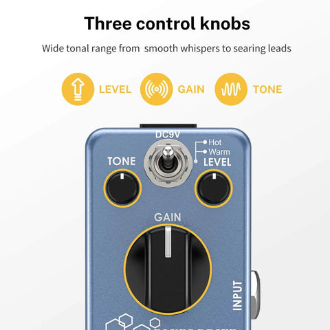 Overdrive Guitar Pedal With Warm And Hot Modes Blues Drive Vintage Style Tone For Pedal Boards True Bypass Circuit Delivers Classic Tube Overdrive From Gentle Breakup To Screaming Leads with three control knobs image