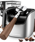 Ourokhome stainless steel espresso knock box with wooden knock bar, handle and lid, dishwasher safe, 4.8-inch