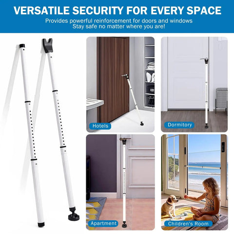 Heavy Duty Sliding Door Security Bar 23 To 47 Inch Adjustable With Anti Slip 360 Degree Base, shown in various setups