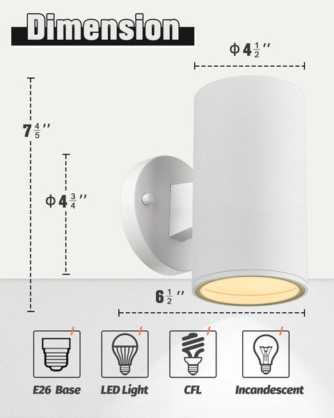 Outdoor Wall Light Sconce Set Two Pack Exterior White Modern Cylinder Style With Tempered Glass Cover Weatherproof Aluminum Housing Ideal For Porch Front Door Garage And Patio Lighting No Fuss Install dimensions and bulb compatibility diagram