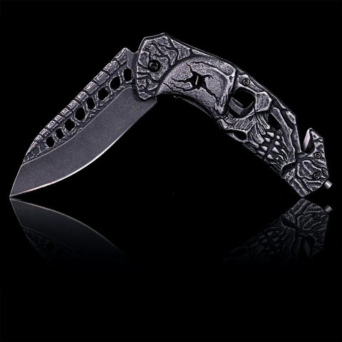 Pocket Folding Knife With 3D Skull Embossed Handle And Razor Sharp 440 Stainless Steel Blade, 3.6 Inch Blade, 4.8 Inch Full Steel Handle