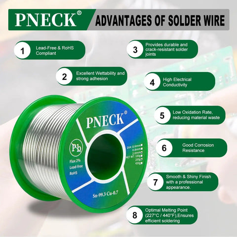 Lead Free Solder Wire Sn99.3 Cu0.7 With Rosin Core Flux For Easy Electrical Soldering, benefits highlighted in the image