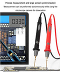 Screen showing 4K 1080P Digital Microscope Camera With HDMI And USB Outputs in PCB repair with multimeter probes for precise measurement.