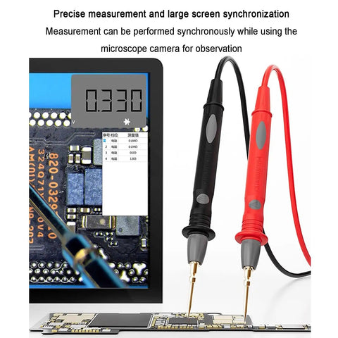 Screen showing 4K 1080P Digital Microscope Camera With HDMI And USB Outputs in PCB repair with multimeter probes for precise measurement.