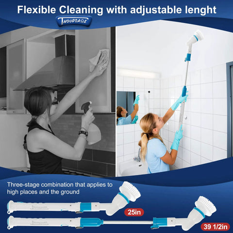 Person cleaning tiles with Cordless Electric Spin Scrubber With 3 Interchangeable Heads for Tub Tile Shower Cleaning.