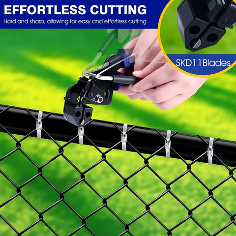 Beefy Pro Grade Heavy Duty Stainless Steel Cable Tie Gun Kit With 200 Pieces Of 11.8 Inch Metal Zip Ties; used on chain link fence