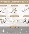 Concealed Sliding Barn Door Hardware Kit With Soft Close For 24 To 28 Inch Passage Openings, assembly parts and rail shown