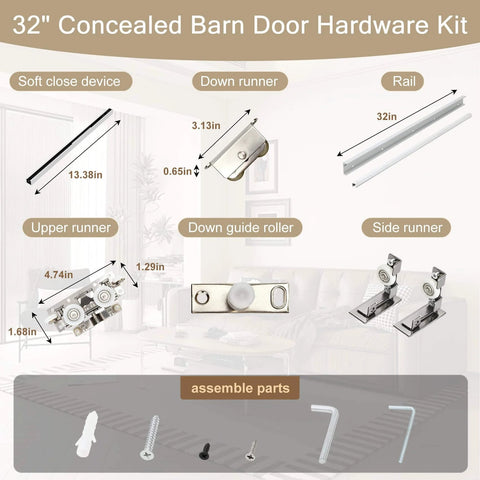 Concealed Sliding Barn Door Hardware Kit With Soft Close For 24 To 28 Inch Passage Openings, assembly parts and rail shown