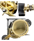 Close-up of a drum-style baitcasting fishing reel for large freshwater beasts, heavy-duty build, smooth drag, durable frame.