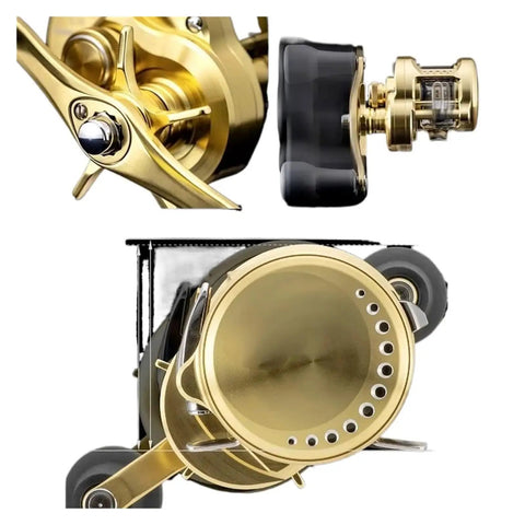 Close-up of a drum-style baitcasting fishing reel for large freshwater beasts, heavy-duty build, smooth drag, durable frame.