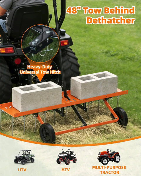 48 Inch Tow Behind Dethatcher for Lawns with Heavy-Duty Rake, 24 Rust-Proof Tines, Rugged Tow Tires, attached to lawn tractor