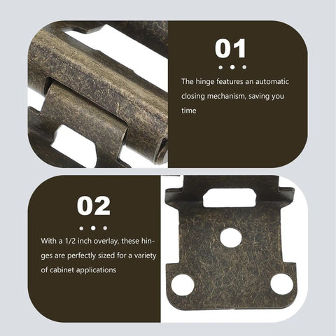 Close-up of Self Closing 1/2 Inch Steel Cabinet Hinges with Semiconcealed design and autoclosing mechanism.