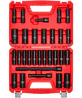 Heavy Duty Badass 29 Piece 1/2 Inch Drive Impact Socket Set Featuring Deep Well CR-V Steel Black Phosphate Coating in red case.