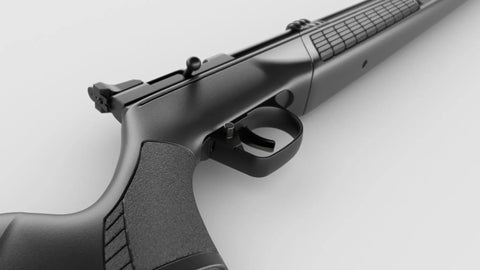 Close-up of trigger and rear sight on 22 Caliber PCP Air Rifle With Hand Pump, All Weather Synthetic Stock, Rifled Steel Barrel, 2000 PSI