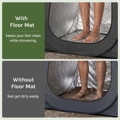 Easy Pop Up Shower Tent With Floor Portable Instant Changing Booth Privacy Bathroom For Beach Camping And Outdoor Use Vent Window Carry Bag Spacious 47x75 Inch Black Shelter showing with and without floor mat use