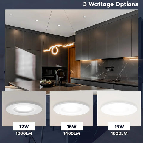 4 Inch Canless LED Recessed Lights With A Slick Flush Trim And Snug Ceiling Fit, 5CCT Adjustable Warm To Cool Glow, Dual Dimmable No Fuss Setup, Wet Rated ETL Certified 12 Pack showing 12W, 15W, and 19W options.