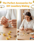Woman making jewelry with Mini Crown Charms For Crafts 3D Gold King Crown Beads With Large Hole For DIY Jewelry Necklace And Bracelet Making 100Pcs Royal Bling Beads For Creative Projects