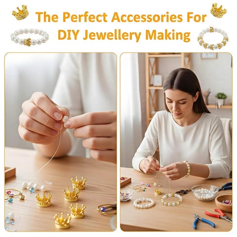 Woman making jewelry with Mini Crown Charms For Crafts 3D Gold King Crown Beads With Large Hole For DIY Jewelry Necklace And Bracelet Making 100Pcs Royal Bling Beads For Creative Projects