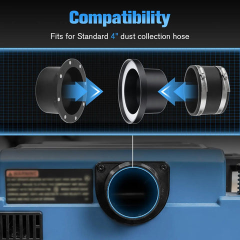 Compatibility illustration showing 4 Inch Magnetic Dust Collection Fittings for Woodworking Tools including connector and hose.