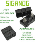 High Octane Midi Fuse Block For Screw On Or Strip Automotive Fuses Hella Durable M5 Bolt Mount showcasing material PA66 and fuse type specifics.