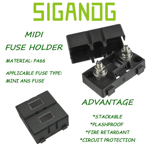 High Octane Midi Fuse Block For Screw On Or Strip Automotive Fuses Hella Durable M5 Bolt Mount showcasing material PA66 and fuse type specifics.