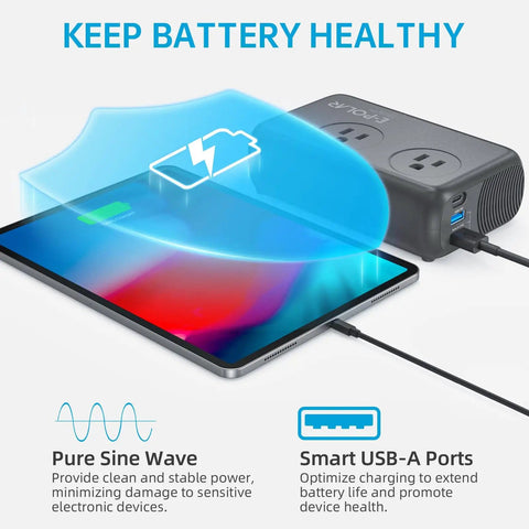 300W Car Power Inverter With Pure Sine Wave 60W PD USB C 2 USB A Ports And Dual 110V AC Outlets charging tablet