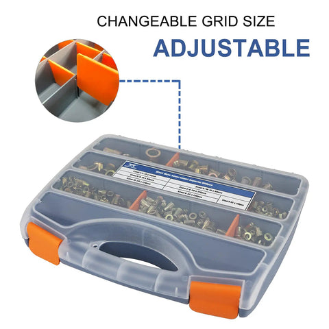 860 Piece Metric Rivet Nut Kit with Case showing organized zinc plated threaded nuts and adjustable grid size feature.