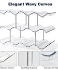 Three Tier Stackable Water Bottle Organizer With Large Compartments, Clear PET Bottle Holder with wavy design and metal supports.